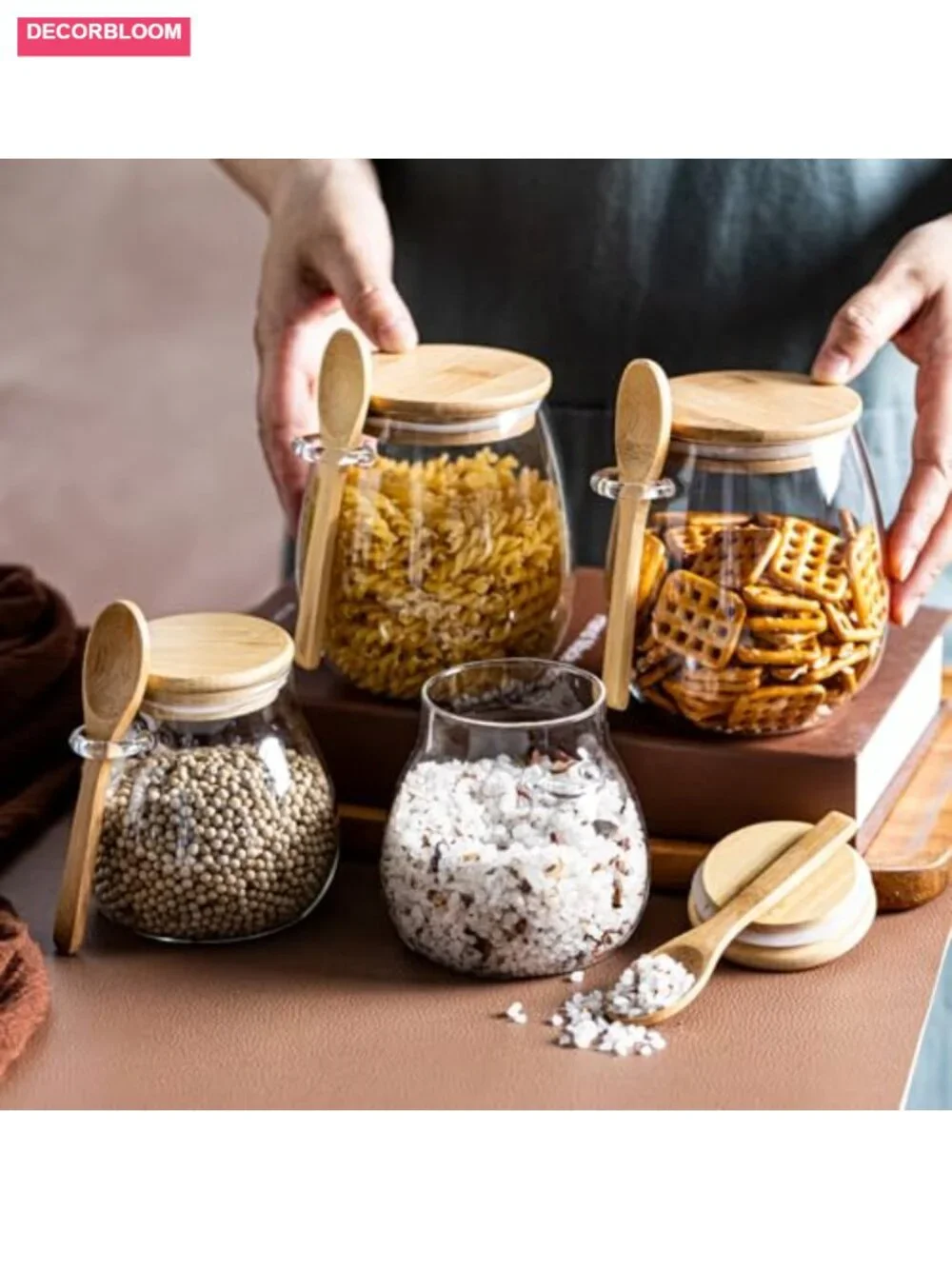 Airtight Glass Food Storage Jars with Bamboo Lid and Spoon